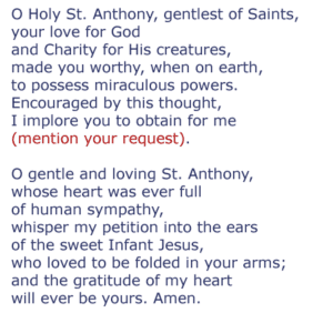 St Anthony Prayer for lost things. Patron saint of lost things